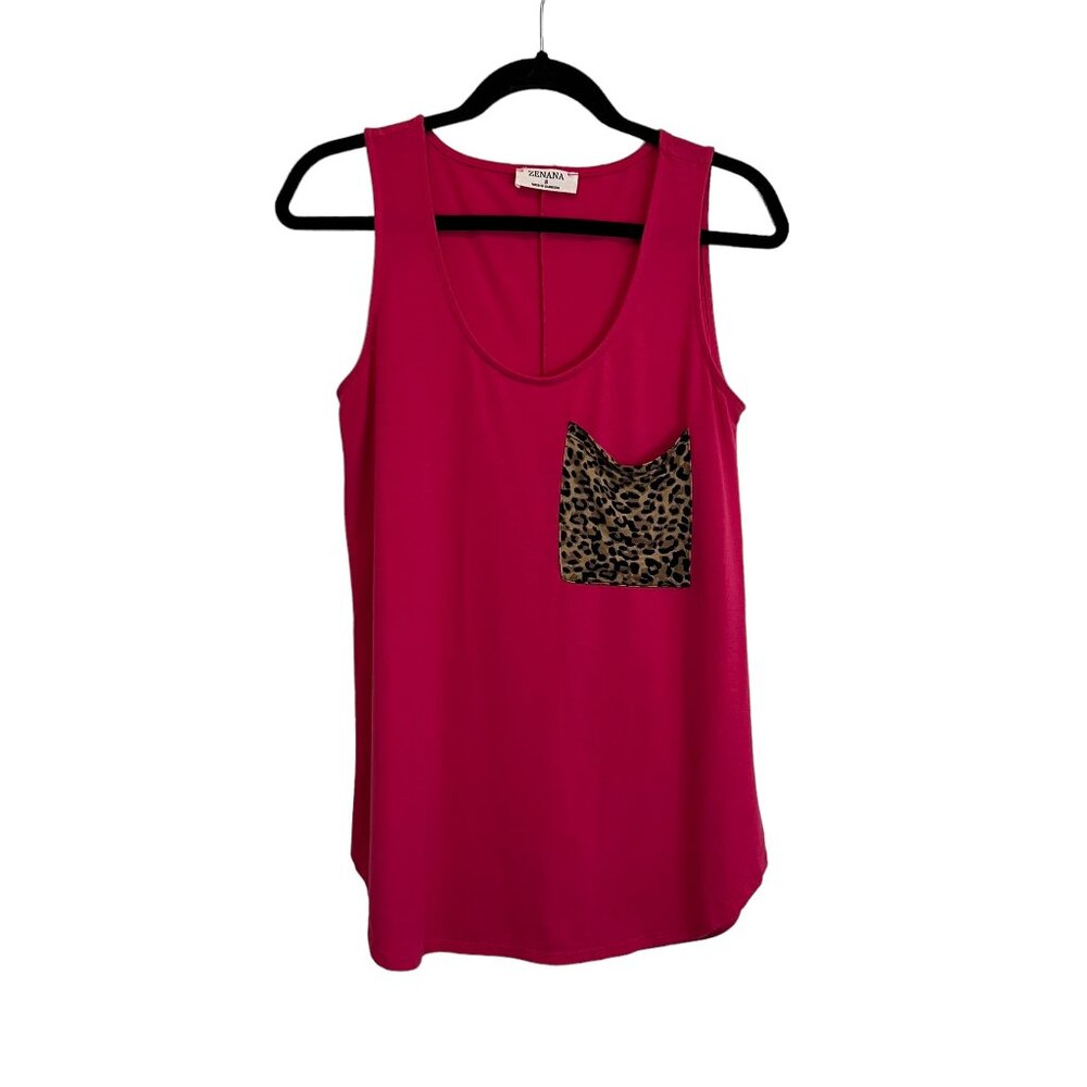 Zenana Hot Pink Cheetah Pocket Sleeveless Tank Top Blouse Womens Size S